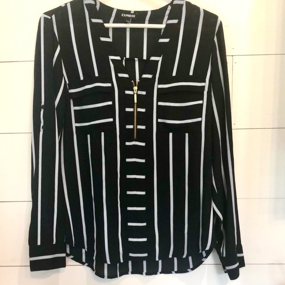 Express Sheer Black and White Striped 1/4 Zip Blouse Size Medium